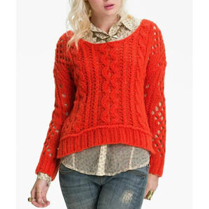 Free People Chunky Cable Knit Sweater in Bright Orange